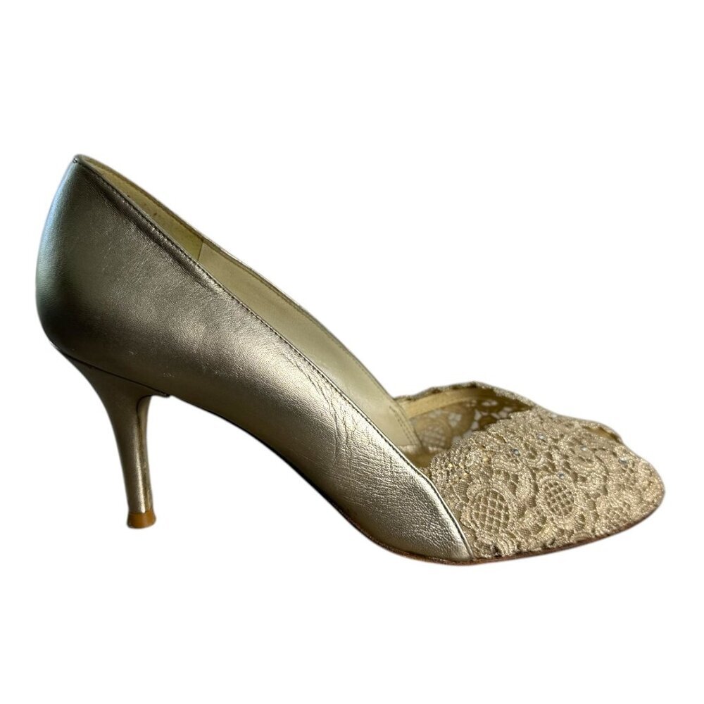 Stuart Weitzman Gold Chantilly Lace Peep Toe Pump Heel Formal Women's Size 9 - Picture 9 of 10